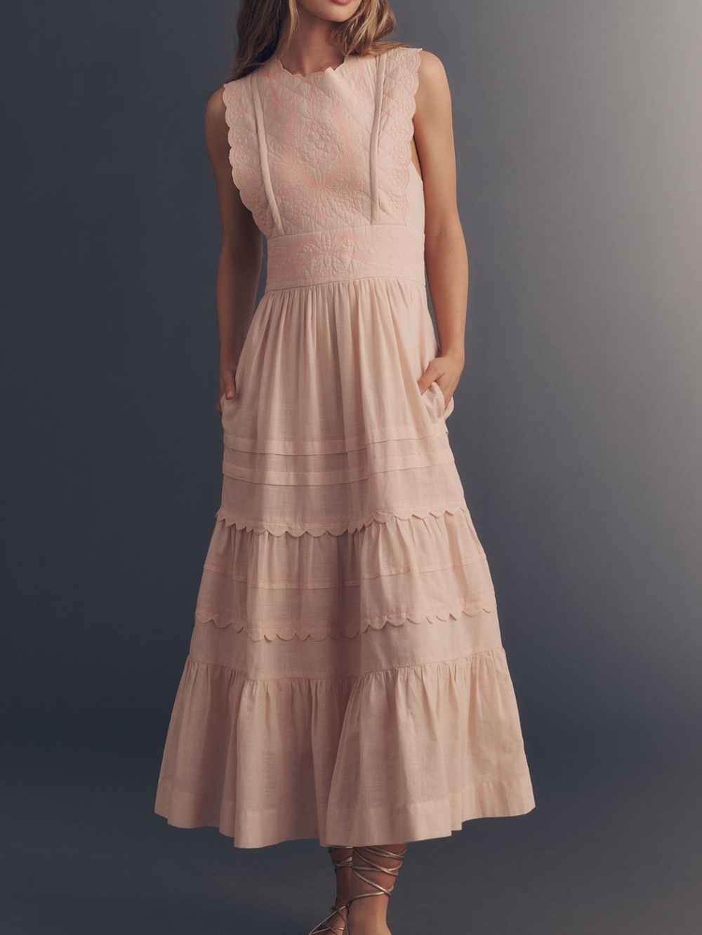 Anthropologie Sleeveless Quilted Midi Dress Cotton New Small Pink